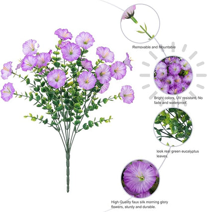 Artificial Flowers Fake Plants for Outdoors Decoration, 12 Bundles Purple Silk Morning Glory with Eucalyptus Realistic UV Resistant Faux Flowers Greenery for Outside Planter Yard Garden Home Indoor