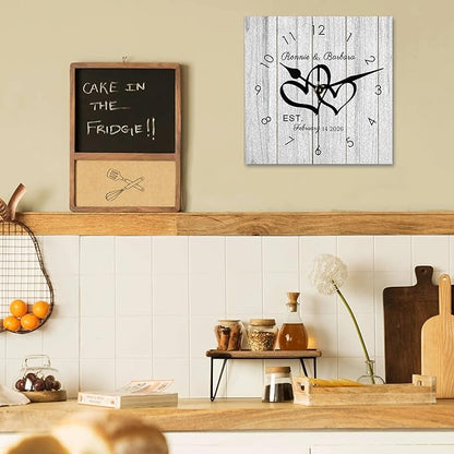 Personalized Couples Square Wall Clock with Name Date, Custom Farmhouse Wall Clock for Living Room Kitchen Bathroom, Home Decor Gifts for Christmas Birthday Valentine's Anniversary Wedding