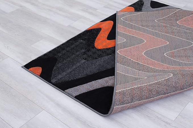 Allstar 8x10 Grey and Gainsboro Grey Modern and Contemporary Rectangular Accent Rug with Orange and Charcoal Grey Wavy Zigzag Design (7' 9" x 9' 8")