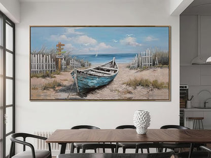 Ardemy Boat Canvas Wall Art Extra Large Framed Coastal Beach Bedroom Pictures Wall Decor Living Room Seascape Paintings Wall Decor Textured Artwork for Kitchen Dining Room Home Office, 58"x29"