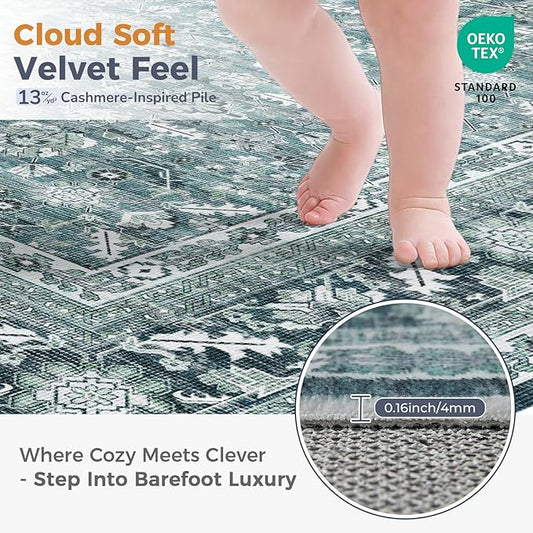 OPPODREAM Thin Vintage Teal 2x8 Runner Rug, 2 x 8 Retro Washable Rug Non Slip, Low-Pile Faux Wool Carpet, Distressed Floor Mat for Kitchen, Hallway, Entry-Way, Entrance, Indoor Back Door