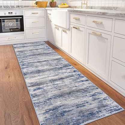 KOZYFLY 3x8 Area Rug Modern Ombre Area Rug for Bedroom, Washable Rug Non-Slip Soft Striped Living Room Rug, Print Grey-Blue Abstract Carpet for Laundry Nursery