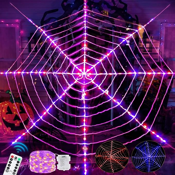 144 LED Halloween Spider Web Lights Decor, Net Light Decoration 3.6 m Giant Round Light up Net with Remote Control - 8 Modes & Timer