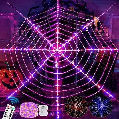 144 LED Halloween Spider Web Lights Decor, Net Light Decoration 3.6 m Giant Round Light up Net with Remote Control - 8 Modes & Timer