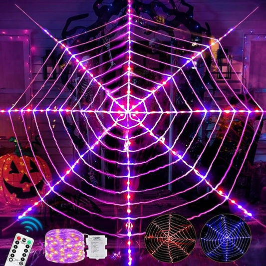 144 LED Halloween Spider Web Lights Decor, Net Light Decoration 3.6 m Giant Round Light up Net with Remote Control - 8 Modes & Timer