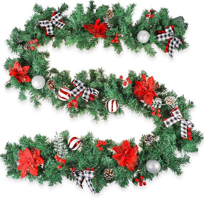 Christmas Garland with Lights,Pre-lit 9ft Christmas Decorations with 50 LED Lights,with Waterproof Battery Box,Indoor&Outdoor Use,for Stairs Fireplace Front Door Porch Home (Battery NOT Include)
