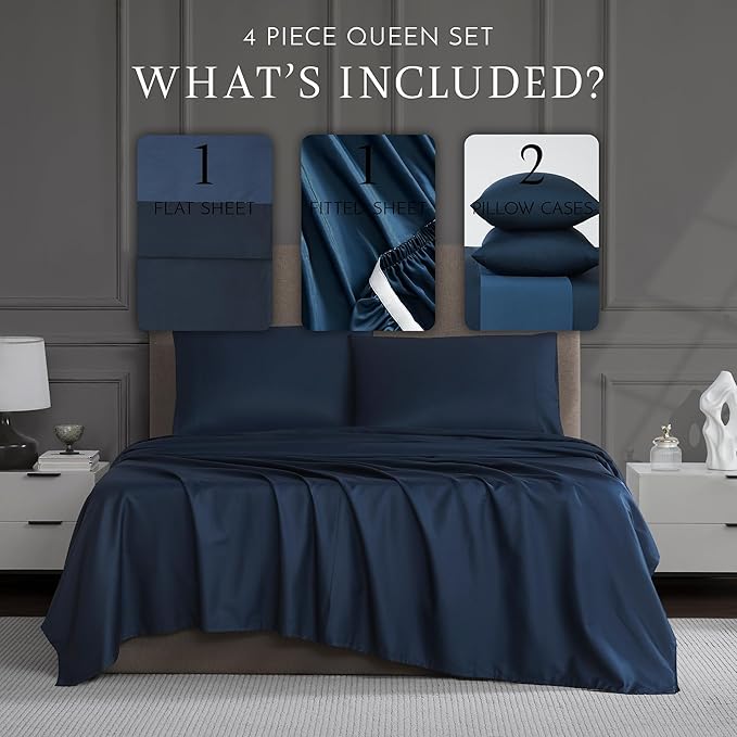 Linen Closet Luxury Cotton 1200 Thread Count Hotel Luxury 4-Piece Sheet Set, Queen, Navy