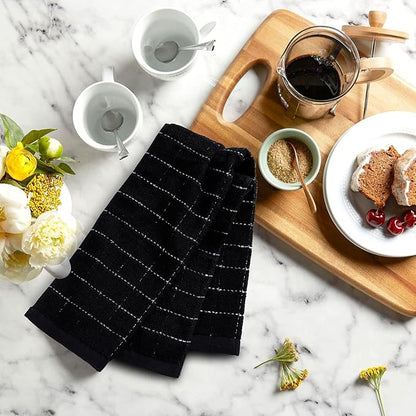 Mordimy 100% Cotton Terry Cloth Kitchen Towels, Super Soft and Absorbent Dish Towels for Drying, Checkered Designed Hand Towels for Kitchen, 16 x 26 Inches, 4 Pack, Black