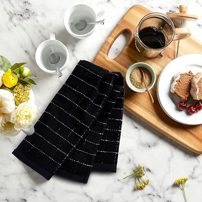 Mordimy 100% Cotton Terry Cloth Kitchen Towels, Super Soft and Absorbent Dish Towels for Drying, Checkered Designed Hand Towels for Kitchen, 16 x 26 Inches, 8 Pack, Black