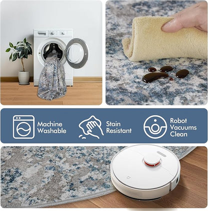6ft Round Area Rug for Living Room- 6x6 Washable Neutral Abstract Rug for Bedroom Modern Soft Dining Room Rug No Slip Low Pile Carpet for Nursery Home Office Decor - Grey/Blue