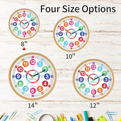 Wall Clock for Kids Learning - Teaching Time Wall Clocks Battery Operated Silent Non Ticking - Analog Colorful Clock Decorative for Kids Room Classroom School(8 Inch)