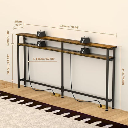 70 Inch Double-Layer Narrow Console Sofa Table with 2 Power Outlets&4 AC Plugs&4 USB Ports, 4.9' Extension Cord Included, Behind Couch Table for Living Room/office Easy Assembly - Rustic Brown