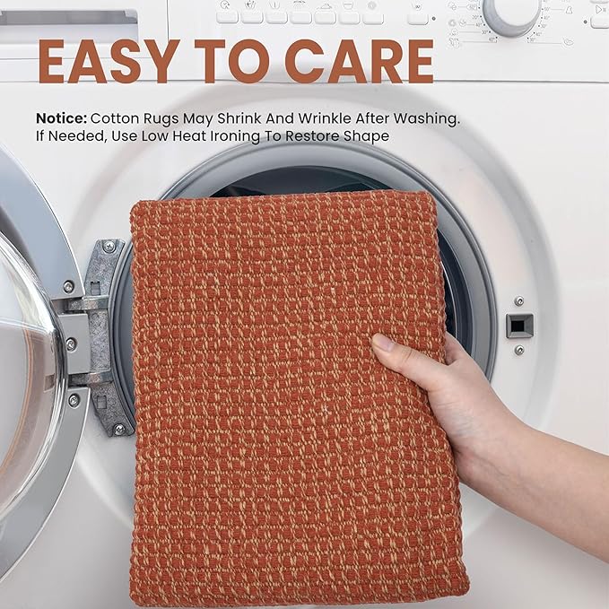 EARTHALL Woven Runner Rug 2x6 Ft Washable Runners for Hallways Cotton Non Slip Rubber Backed Kitchen Runner Braided Indoor Floor Carpet for Entryway, Hallway, Kitchen, Bedroom, Rustic Orange/Tan