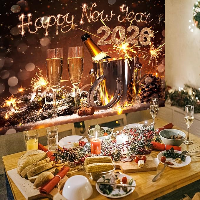 AOFOTO 7x5ft Happy New Year 2026 Backdrop Champagne Wine Beer Gold Sparklers Fireworks Bokeh Light Spot New Year's Eve Backdrop Banner Carnival Celebration Background Party Decorations Props