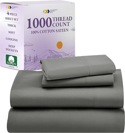 California Design Den Queen Sheets Set - Luxury 1000 Thread Count Sateen, Thick and Natural 100% Cotton Sheets, Deep Pockets, Soft, Breathable and Durable Bedding Set - Grey