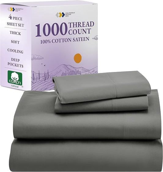 California Design Den Queen Sheets Set - Luxury 1000 Thread Count Sateen, Thick and Natural 100% Cotton Sheets, Deep Pockets, Soft, Breathable and Durable Bedding Set - Grey