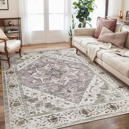 SERISSA Area Rug 4x6 Boho Rugs for Bedroom, Vintage Washable Non Slip Rug, Ultra Soft Print Distressed Low-Pile Throw Rug Earth Tone Carpet for Nursery Dorm Kitchen Living Room Decor