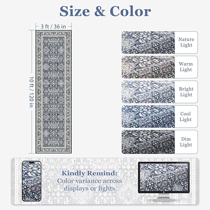 Washable Runner Rug 3x10, Transitional Moroccan Floral Trellis Hallway Runner for Kitchen Floor Non Slip, Low Pile Thin Long Carpet Runner for Entryway Corridor Mudroom Foyer, Dark Blue