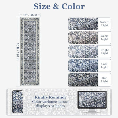 Washable Runner Rug 3x10, Transitional Moroccan Floral Trellis Hallway Runner for Kitchen Floor Non Slip, Low Pile Thin Long Carpet Runner for Entryway Corridor Mudroom Foyer, Dark Blue