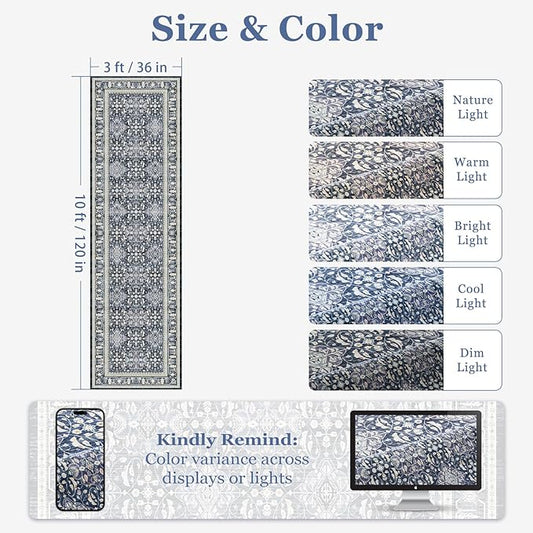 Washable Runner Rug 3x10, Transitional Moroccan Floral Trellis Hallway Runner for Kitchen Floor Non Slip, Low Pile Thin Long Carpet Runner for Entryway Corridor Mudroom Foyer, Dark Blue