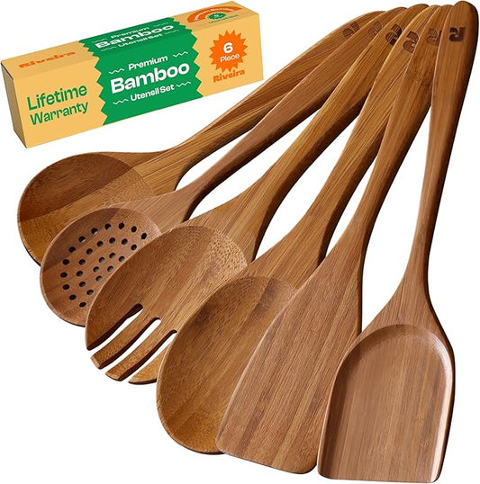 Riveira Brown Bamboo Wooden Cooking Utensils Set of 6 Premium Quality, Non-Toxic, Heat-Resistant Wooden Spoons and Spatula for All Cookware