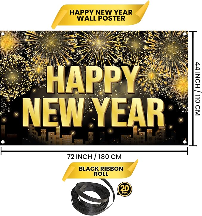 KatchOn, XtraLarge Happy New Year Banner - 72x44 Inch | Banner for New Year Party Night | New Years Eve Backdrop for NYE Decorations 2026 | New Years Decorations 2026, NYE Party Supplies 2026