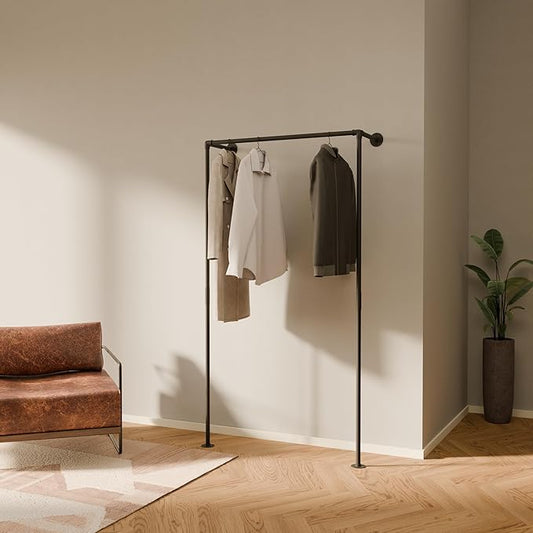 pamo Industrial Pipe Clothing Rack - 265 lbs Capacity - Wall Mounted Clothes Rack and Walk In Closet for Wardrobe