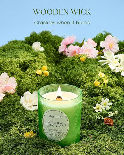 M&SENSE Ginger Ylang Ylang Scented Candle, Cracking Wooden Wick Soy Wax, 18oz 100 Hours Long Lasting Clean Burn, Large Jar Candles for Home Decor, Non-Toxic Relaxing Aromatherapy Gifts for Women