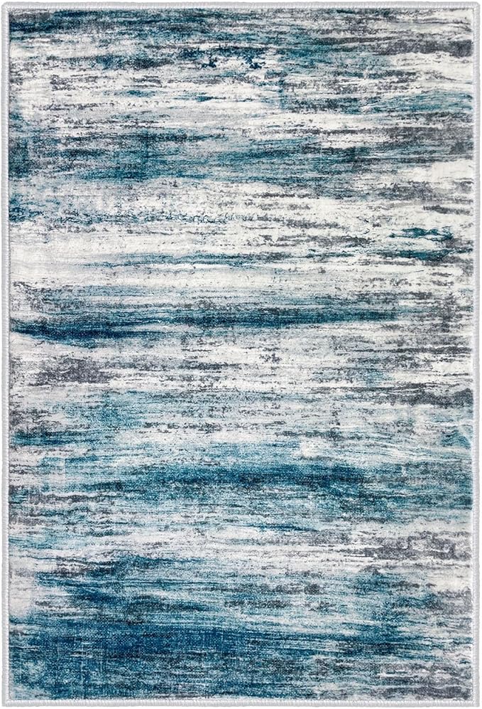 KOZYFLY Modern Abstract Small Area Rugs 2x3, Washable Kitchen Rug Non-Slip Soft Small Bathroom Rug, Blue Striped Entryway Rugs Print Faux Wool Doormat for Bedside Entrance Bedroom Sink