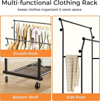 Double Rods Clothes Rack, Rolling Clothing Rack for Hanging Clothes with Hooks&Mesh Shelf, Portable Wardrobe Rack, Metal Coat Rack Sturdy Garment Rack for Bedroom Laundry Living Room Storage, Black