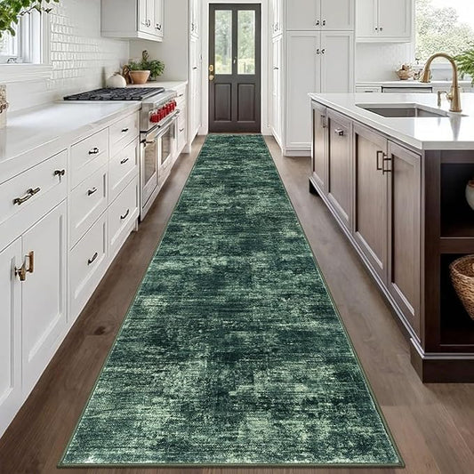 IOHOUZE Abstract Runner Rug 3x20 Ft Extra Long Washable Runners for Hallways, Non Slip Kitchen Runner Printed Faux Wool Entryway Runner Indoor, Modern Abstract Floor Carpet for Hall Stair, Dark Green