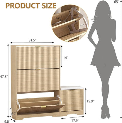 Shoe Cabinet Storage for Entryway with 4 Flip Drawers, Oak Fluted Shoe Cabinet with Bench, Wooden Hidden Shoe Rack Freestanding Narrow Slim Shoes Storage Organizer for Hallway, Entrance