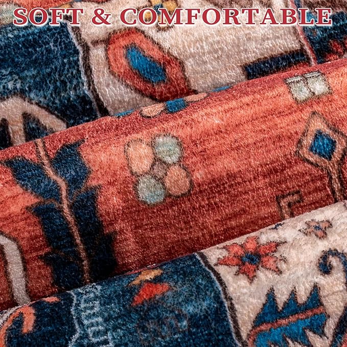 SERISSA 10x12 Area Rugs for Living Room, Large Washable Non-Slip Boho Rug, Ultra Soft Vintage Rust Oriental Tribal Print Distressed Carpet for Dining Room Bedroom Office Home Decor