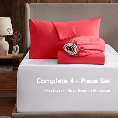 Nestl Queen Sheet Set - Luxury 1800 Ultra-Soft Microfiber Bed Sheets - Double Brushed - Deep Pockets - Easy Fit - 4 Piece Set - Bedding Sheets & Pillowcases (Queen, Red)