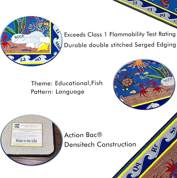 Fish in The Sea Educational Rug 4' x 6' Rectangle, Alphabet Nursery Area Rug for Kids | Learning Rug for Children's Classroom | Kids Playroom Rug | School Carpet for Kids