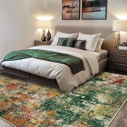 Washable Area Rugs 8'x10' Non-Slip Modern Abstract Soft for Living Room Entryway Bedroom Nursery, Print Pattern, Green Orange Rust Red Cream Colorful