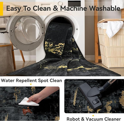Washable Area Rugs 5'x8' Non-Slip Modern Abstract Soft for Living Room Entryway Bedroom Nursery, Print Pattern, Dark Black Gold