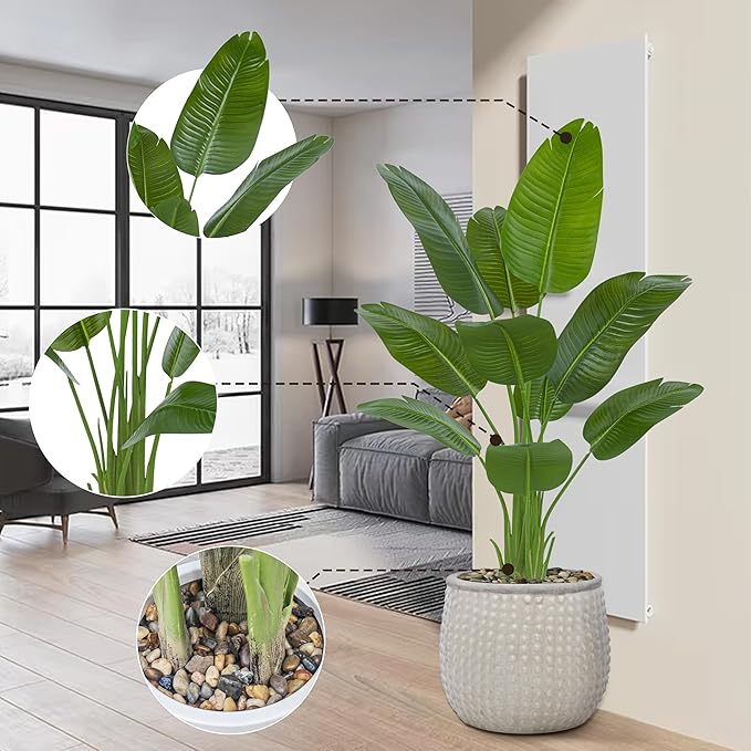 Artificial Bird of Paradise Plant 5FT Fake Palm Tree Feaux Plants in White Pot Artificial Tree Fake Plant for Indoor Outdoor Modern Decoration for Home Living Room Office