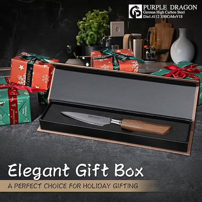Purple Dragon 3.5 Inch Paring Knife, Small Kitchen Cutting Fruit Knife, German Vg10 Steel Ultra Sharp Blade Ergonomic Wooden Handle, Gift Box