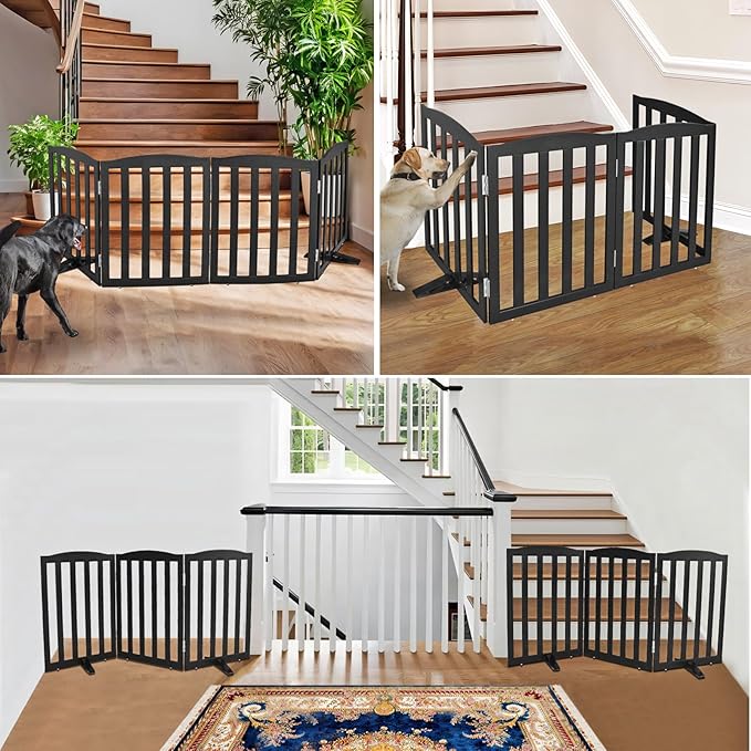 ZJSF Foldable Freestanding Indoor Dog Gate for House Wood White Long Pet Gates Dog Fence for Stairs Puppy Gates for Hallways, Puppy Gate,Support Feet Included, Black, 24 "Height-6 Panels
