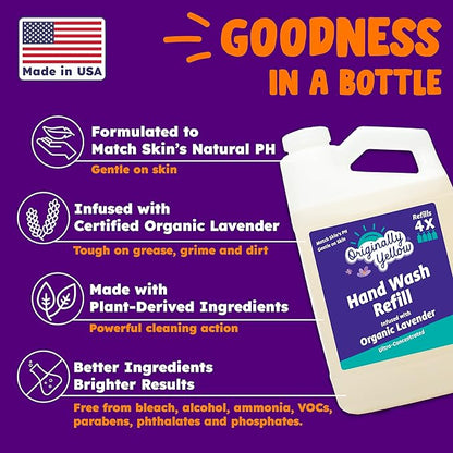 Originally Yellow Plant-Based Hand Soap All Natural Infused with Organic Lavender | Gentle Natural Hand Soap | Pet & Baby-Safe Soap (64 Fl Oz (1 Pack), Lavender)