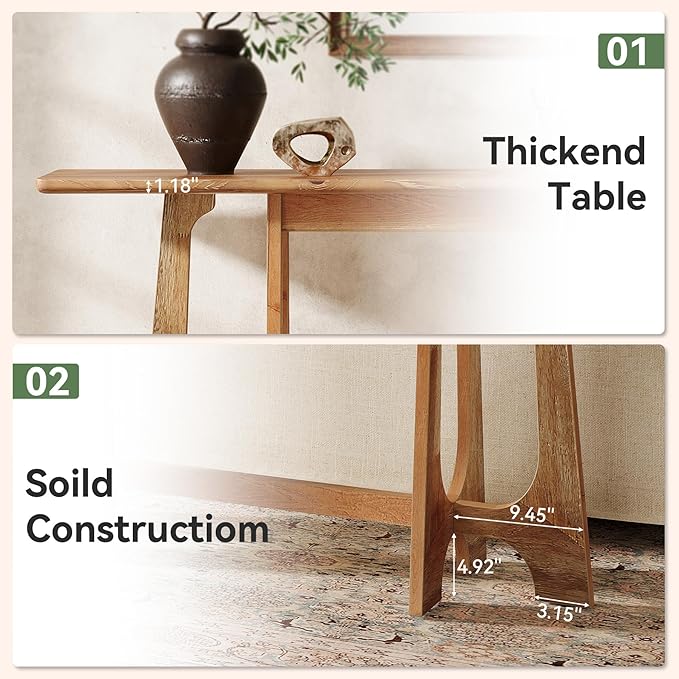 63-Inch Solid Wood Console Table, Farmhouse Long Sofa Table Behind Couch with Geometric Base for Entryway, Entrance, Living Room, Walnut Brown