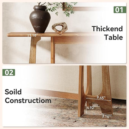 63-Inch Solid Wood Console Table, Farmhouse Long Sofa Table Behind Couch with Geometric Base for Entryway, Entrance, Living Room, Walnut Brown