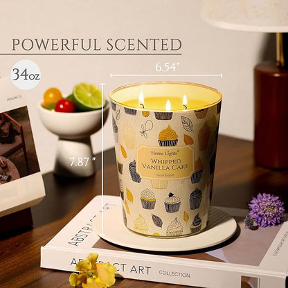 HomeLights Scented Candles | Large Jar 34 Oz Natural Soy Candle | 130 hrs Long-Lasting with 3 Wicks | Rustic Modern for Home Decor | Gifts for Mom & Women, Whipped Vanilla Cake