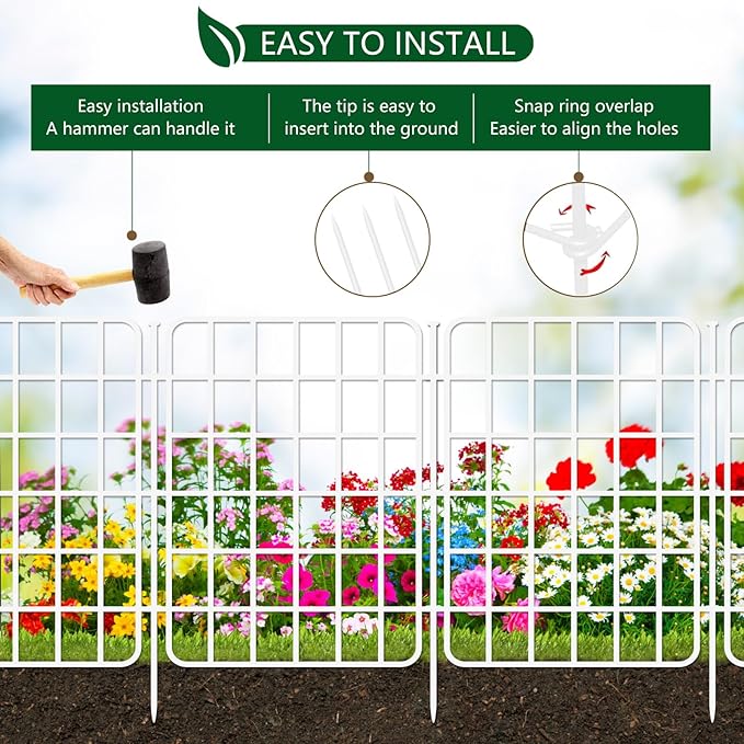 13ft x 17in Garden Fence Animal Barrier, 12 Panels No Dig Fence Border, Rustproof Metal Decorative Garden Fencing with Ground Stake, Flower Bed Edging Border for Dog, Rabbit, Outdoor Patio, White