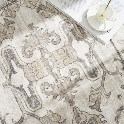 jinchan Round Rug 8ft Area Rug Vintage Floor Mat Kitchen Indoor Ultra-Thin Soft Floral Print Washable Circle 8' Accent for Farmhouse Non Slip Dining Room Living Room Bedroom Office Taupe