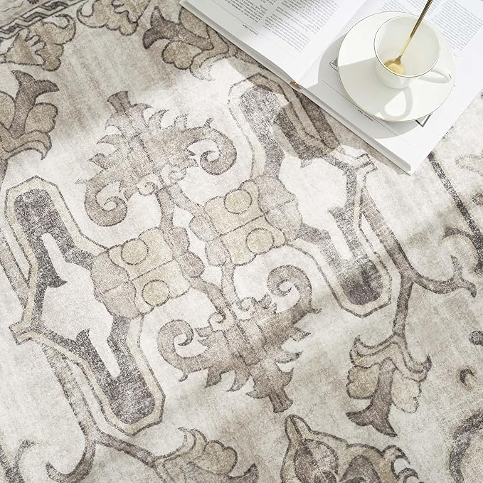 jinchan Round Rug 6ft Area Rug Vintage Floor Mat Kitchen Indoor Ultra-Thin Soft Floral Print Washable Circle 6' Accent for Farmhouse Non Slip Dining Room Living Room Bedroom Office Taupe