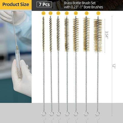 7Pcs Wire Tube Brushes Set,Brass Bottle Brush ,12" Long Wire Bore Brushes for Deep Cleaning Pipes,Tubes,Narrow Spaces, Engine Parts, Home Brew(1/4"-1" Sizes)