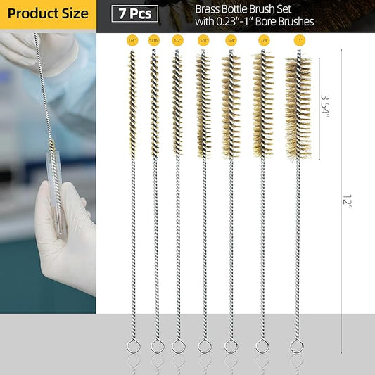 7Pcs Wire Tube Brushes Set,Brass Bottle Brush ,12" Long Wire Bore Brushes for Deep Cleaning Pipes,Tubes,Narrow Spaces, Engine Parts, Home Brew(1/4"-1" Sizes)
