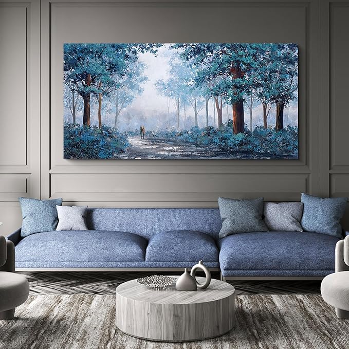 KLAKLA Navy Blue Wall Art - Large Wall Art - Multi-layered Paint Overlay Effect & Blue Leaves Plant Forest Picture Artwork Living Room Bedroom Wall Decor